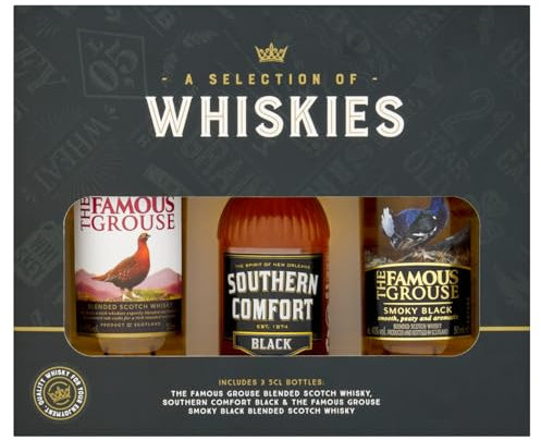 A Selection of Whiskies gift set, including 3 x 5cl bottles of Blended Scotch whisky and whisky liqueur. Perfect for Christmas and Birthdays.