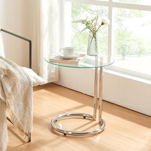 [en.casa] Beistelltisch Ylivieska Sofatisch mit Glasplatte Wohnzimmertisch 46 x Ø45 cm Dekotisch Kaffetisch rund Ablagetisch mit Metallgestell Nebentisch Chromfarben/Klarglas