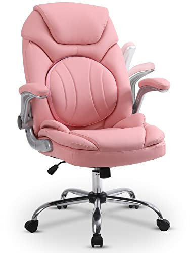 Bürostuhl 150kg Belastbarkeit, Moderner Drehstuhl mit Rollen, Schreibtischstuhl mit verstellbarer runder Rückenlehne, Ergonomischer Bürostuhl mit hochklappbaren Armlehnen für Mädchen und Frauen, Rosa