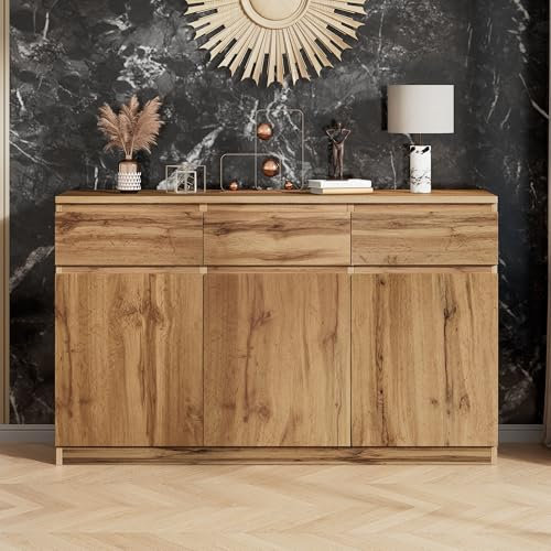 Jaxenor Oak Effect Sideboard for Living Room, Farmhouse Buffet Cabinet with 3 Drawers & 3 Doors for Dining Room Kitchen, Server Bar Wine Cabinet with Adjustable Shelves, 135x40x81cm
