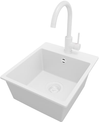PRIMAGRAN Granitspüle ab 40er Unterschrank + Küchenarmatur, 38x44cm | Set: Küchenarmatur BW5010 + Ablauf-Set (Siphon, Ablaufgarnitur, Überlauf) + Spülbecken 1 Becken - Riga Easy, Alles Weiß