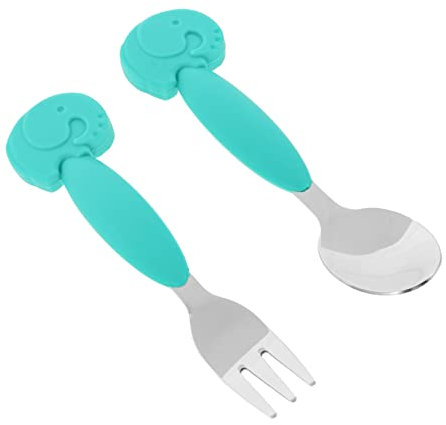 UPKOCH 2pièces Set De Couverts Pour Bébés Silicone Avec Éléphant Cartoon Fourchettes Et Cuillères Pour Apprentissage Des Tout-petits Vaisselle Inoxydable Et Silicone Couleurs
