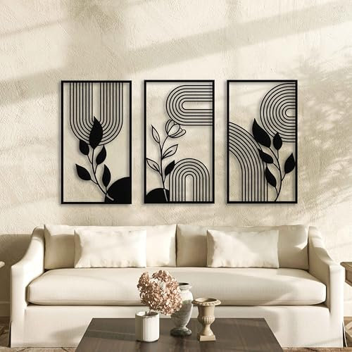 KAWA METALWORKS Moderne Metall-Wandkunst, florale Mitte des Jahrhunderts, moderne Wanddekoration über dem Bett, Blättern und Blumen, Boho-Wandkunst, ästhetisches Geschenk für Zuhause