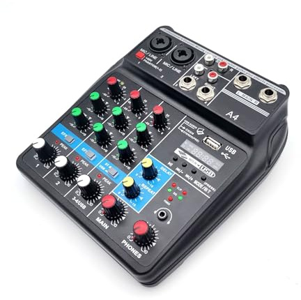 Mezclador de audio, Consola Mezcladora De Sonido A4, USB, Ordenador De Grabación, 48V, Phantom Power Delay, Efecto Repetidor, 4 Canales, Mezclador De Audio USB Para podcast/grabación/voz