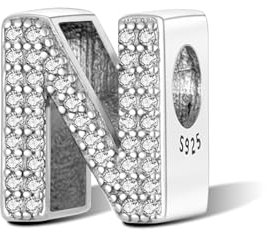 LMLMECREA Buchstaben N Charms Anhänger mit Zirkonia - Initialen Alphabet Bead Charm 925 Sterling Silber - Kompatible für Europäischer Armband & Halskette