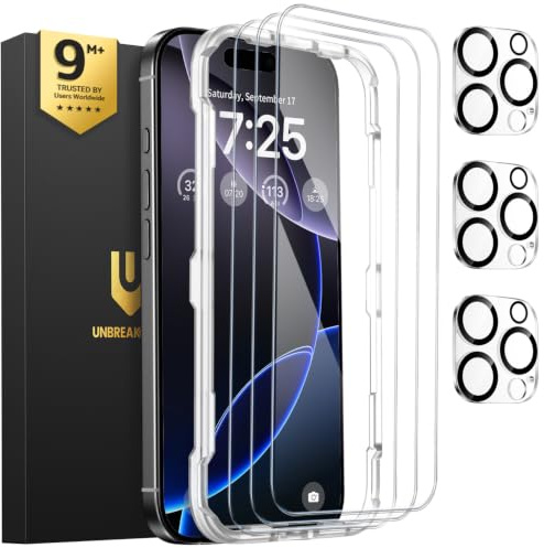 UNBREAKcable iPhone 16 Pro Screen Protector & Camera Lens Protector | Upgraded Dual-Tempered Glass with Military-Grade 9H Hardness, 3-Pack,HD Clarity, Anti-Fingerprint, Case Friendly, Fits 6.3''
