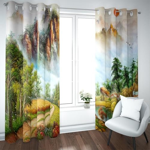 UIRINGART Orientalische Kunst Fenstervorhänge Traditioneller Tintenstil Bergwald Landschaft Wärmeisolierte Vorhänge für Schlafzimmer Wohnen Arbeitszimmer 2 Paneele H229xB229