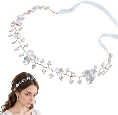 Braut Haarschmuck Kommunion, Prinzessin Blumenkranz Haare, Weiß Perle Blume Haarreifen mit Band, Braut Haarschmuck,Hochzeit Blumenmädchen Haarschmucke für Geburtstag, Party, Erstkommunion, Hochzeit