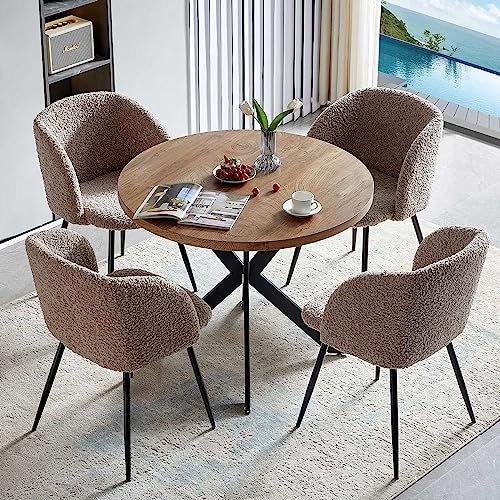 NORDICANA Esstisch mit 4 Stühlen Set, 95cm Runder Esstisch und 4 Kunstfell Loungesessel, Esszimmergruppe mit 4 Essstühlen, für Küche, Büro, Wohnzimmer, Balkon, Restaurant(Tisch+4 Braun Stühle)