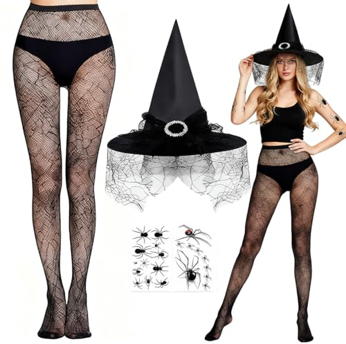 Haiyore Halloween hexenhut damen set: 4-tlg. Hexenhut Schwarz Halloween Kostüm Damen Hexe Accessoires mit elegantem Schleier, Spinnennetz-Strumpfhose & 2 Tattoos für einen magischen Auftritt
