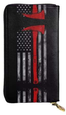 JKDGOJ Firefighter Axe Red Line Flag Prints Damen Leder lange Handgeldbörse große Kapazität Kreditkarte Reißverschluss Tasche