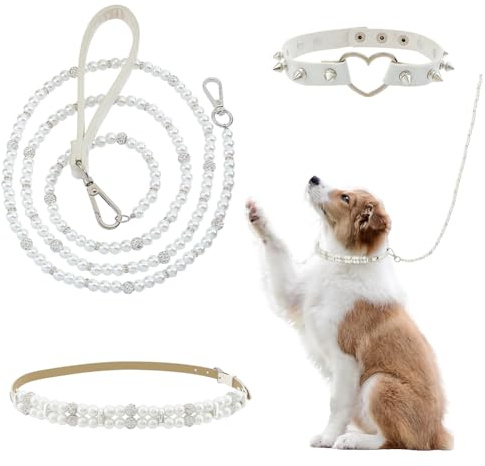 MAYJOYDIY 3 Stück Hundehalsband Mit Weißer Perlenkette Perlen Kunstlederband Für Haustiere Set Enthält Leine Mit Verschließbaren Haken 2 Reihen Perlen Haustierhalskette Verstellbar Für Hochzeiten