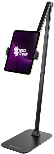 Spacetronik Tablet Bodenständer, Tablet Halterung Drehbarer Verstellbarer | aus Aluminium, stabile 3kg Basis, Ladeöffnung, kompatibel mit iPad Pro/Air/Mini, Samsung, Kindle, Handy, 4.7–12.9 Zoll