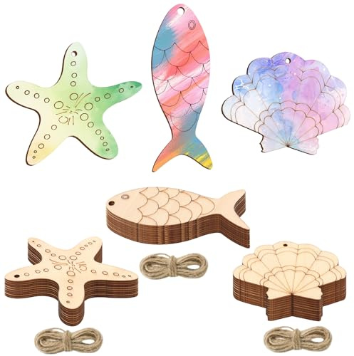Cheynn 30 Stück Holzausschnitte in Fischform, Fisch Deko Zum Bemalen mit Hanfseile 3 Stile Holzfische Deko Unfertige Fischornament Einfärbbar Ozean Tier Holzschild Leere Holzanhänger zum Basteln
