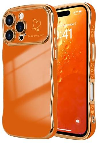 LCHULLE for iPhone 16 Pro Case Cute for Women Girls Wavy, Orange | Luxury Plating Curly Wave Shape Frame with Love Heart Pattern, Raised Camera Protection Back Cover Shockproof Phone Case