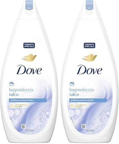Dove Docciaschiuma Talco, Formula con Idratante Dermo-Naturale, con 1/4 di Crema Idratante, Dermatologicamente Testato, Bagnoschiuma Uomo e Donna, 100% Bottiglia Riciclata* 750 ml (Confezione da 2)