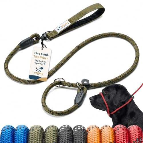 Figure 8 Rope Slip Lead, No Pull Dog Lead, Swivel Handle | Green | 1.5m & 2m lengths for small to large dogs. Spring-and-stretch rope absorbs sudden lunges. Reflective training lead