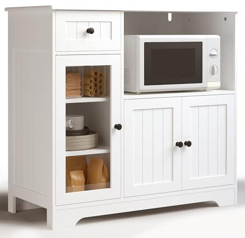 Blishom Credenza Armadio Sideboard Cucina con ripiano per microonde,mobiletto con 1 cassetto,3 ante, ripiani regolabili,per sala da pranzo e soggiorno,90x40x82 cm,Bianco