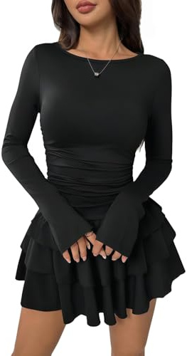 MANJIAMEI Women Long Sleeve Tiered Ruffle Mini Dress, Solid Color Boat Neck Ruched Waist Slim Fit A Line Short Dress, Ladies Casual Going Out Bodycon Dresses for Dating Cocktail Party Club