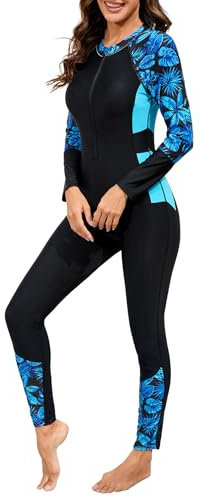 OBEEII Long Sleeve One Piece Swimsuit for Women Floral Print Full Body Rash Guard Zipper Front UPF 50+ Surfing Wetsuit Modest Swimwear Diving Bathing Suit