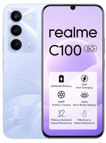 realme C100 5G Smartphone 256GB ROM, Batería Titan 6600mAh y Carga Rápida 45W, Teléfono Móvil con 144Hz Ultra Brillante, Android 16 Móviles Resistencia a Antigolpes Militar, Carga Inversa 6.5W, IP64