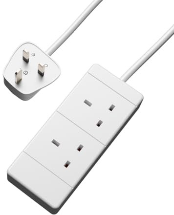 rhinocables 2 Gang Mains Extension Lead Cable, Power Strip Extender with 2 Sockets and Cord, 13 Amp Trailing Socket for Dual 3 Pin UK Plug, Suitable for Home and Office Use (2m, White)