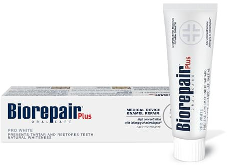 Biorepair Plus Pro White toothpaste for restoring teeth whiteness - 200mg/g microRepair fluoride free Hydroxyapatite– Prevents tartar and restores teeth natural whiteness