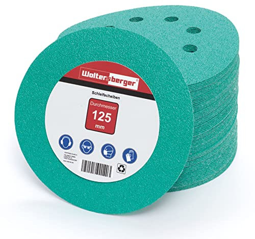 Woltersberger® Exzenter Schleifscheiben Ø 125mm | 8 Loch in grün | Schleifpapier für optimales schleifen, vielseitig einsetzbar, verschiedene Körnungen und Stückzahlen (50 Stück, P60 Körnung)