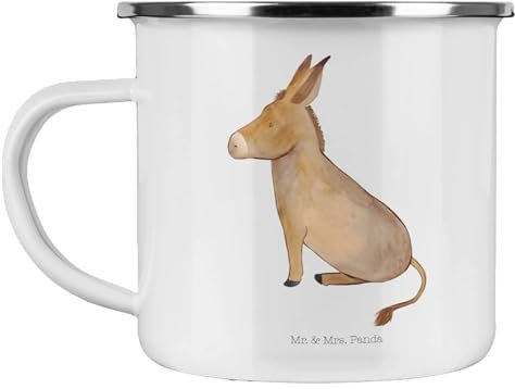 Mr. & Mrs. Panda Camping Emaille Tasse Esel - Geschenk, Campingtasse, Tiermotive, Weisheit, Emaille Tasse Camping, Tasse Camping, Lebensmut,