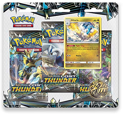 Pokemon TCG: Sun & Moon - Trueno perdido, blíster que contiene 3 paquetes de refuerzo y con una Altaria promocional de aluminio