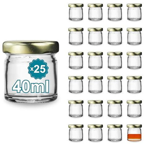 Espirito Rebelde Lot de 25 Pots en Verre Vides avec Couvercle 40 ml | Bocaux en verre, Petits pots | Inclut un couvercle à vis doré | Ideal pour Confitures, Conserves, Miel, Yaourt