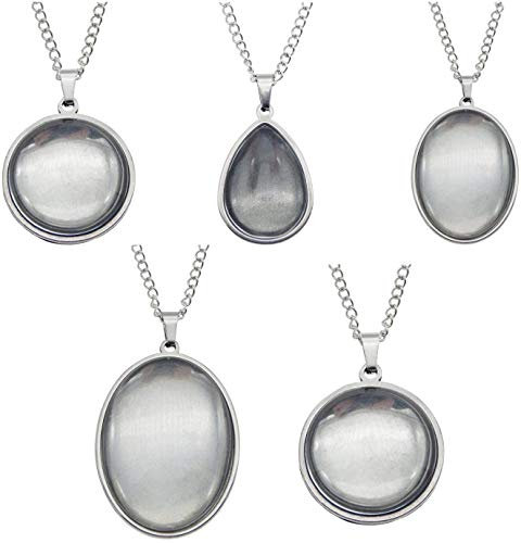 10Pcs Mixed Edelstahl Lünette Tablett Anhänger mit Glas Cabochon und Kette für Harz Foto Schmuck Halskette machen