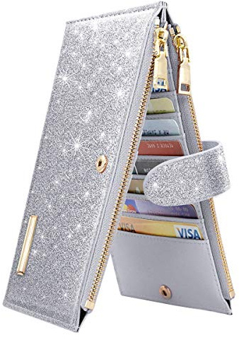 Coco Rossi RFID-blockierende Geldbörse für Damen, großes Fassungsvermögen, mehrere Karten, Organizer, Faltbörse für Damen, mit Reißverschlusstasche, Silber Glitter, Long Purse, Casual