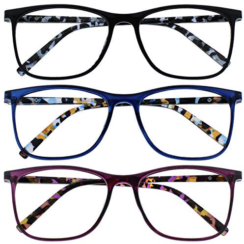 OPULIZE Arc Lesebrille 3er Pack Stilvolle Schlank Rechteckig Rahmen Gemusterte Bügel Federscharniere Kratzfest Schwarz Blau Lila Herren Damen RRR66-135 +2.50