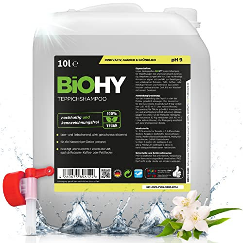 BiOHY Teppichshampoo (10 Liter Kanister) + Auslaufhahn | Teppichreiniger Konzentrat | ideal gegen hartnäckige Flecken | materialschonend & tierfreundlich | effektives Bio Mittel
