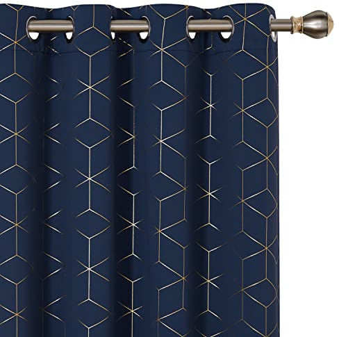 Deconovo Functional Blackout Curtains, Thermal Insulated Gold Diamond Printed Curtains, Eyelet Curtains for Living Room, 66 x 72 Inch(Width x Length), Navy Blue, One Pair