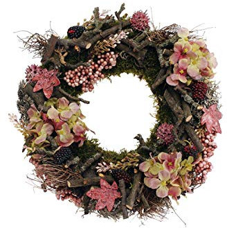 CREAFLOR HOME Türkranz 30cm Hortensien brombeer-grün, Dekokranz für spezielle Anlässe, Rund, Rosa, Grün, Apfelzweige, Flechtenmoos, Kunststoff