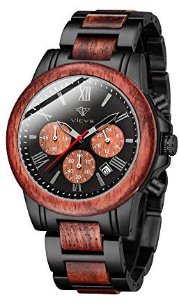 VICVS Herrenuhren aus Holz und Edelstahl, Chronograph 3 Zifferblätter Chronograph Quarz Casual Business Multifunktionale Herrenuhren aus Holz, handgefertigt (Sandalwood)