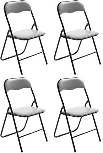 CLP 4er Set Klappstuhl Felix Gepolstert I Küchenstuhl Mit Metallgestell I Kunstleder PVC Sitz Gepolstert I Stühle Klappbar I Campingstühle, Farbe:grau/schwarz