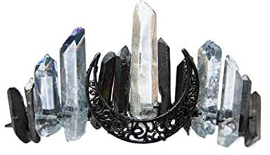 Kristall Quarz Tiara Meerjungfrau Krone Stirnband Strass Hochzeit Haarreif Mond Engel Aura Haar Kostüm Haarschmuck für Halloween Jäten Party (Schwarz)