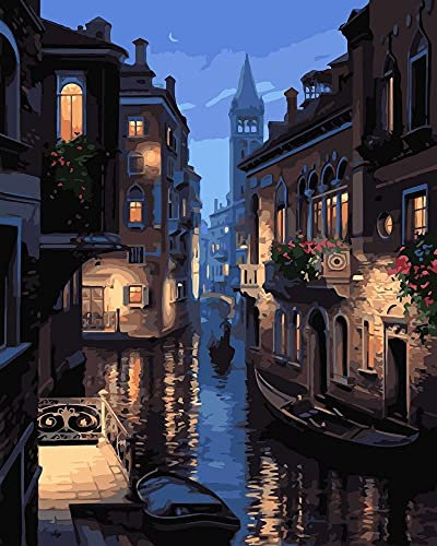 Artnapi Malen nach Zahlen Erwachsene mit Rahmen | DIY Handgemalt | Venedig bei Nacht | Kit für Anfänger und Erwachsene | Set inklusive Acrylfarben & Pinsel | 40x50cm Leinwand | Ideal als Geschenk