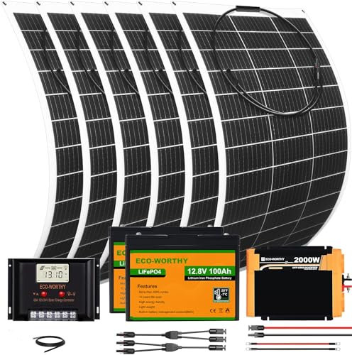 ECO-WORTHY 780W 12V Komplettes Flexibles Netzunabhängiges Solarpanel Kit: 6 * 130W Solarmodul + 2 * 100Ah Litthiumbatterie + 2000W 12V Sinuswechselrichter + 60A Laderegler für Camper, Wohnmobil, Van