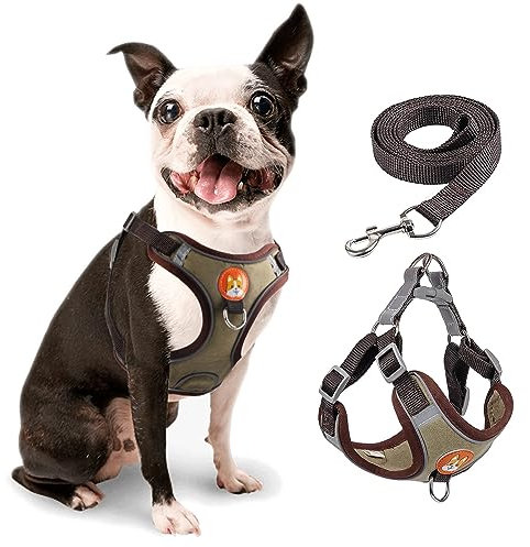 rennaio Hundegeschirr Kein Ziehen, Verstellbares Welpengeschirr mit 2 Leinenclips, Reflektierendes Hundegeschirr und Leine Set für kleine und mittelgroße Hunde (Braun, M)