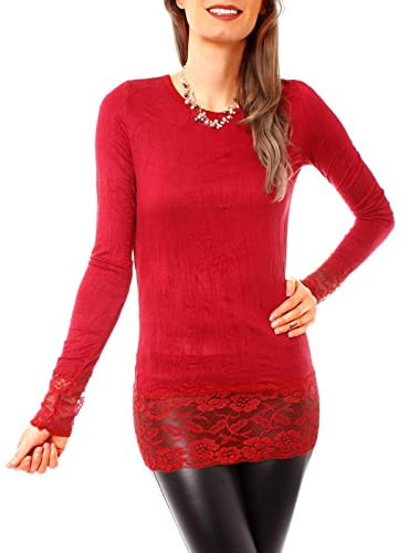 Easy Young Fashion Langarm Longshirt mit Spitzensaum 0998 - Dunkelrot M/L