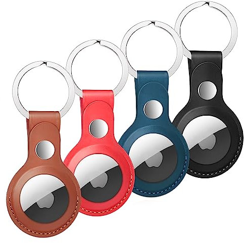 Porte Clé Compatible avec Airtag, Porte Clef pour Airtag, Étui de Protection Anti-Rayures Portable et Lavable pour AirTags Apple(Marron + Rouge + Bleu + Noir)