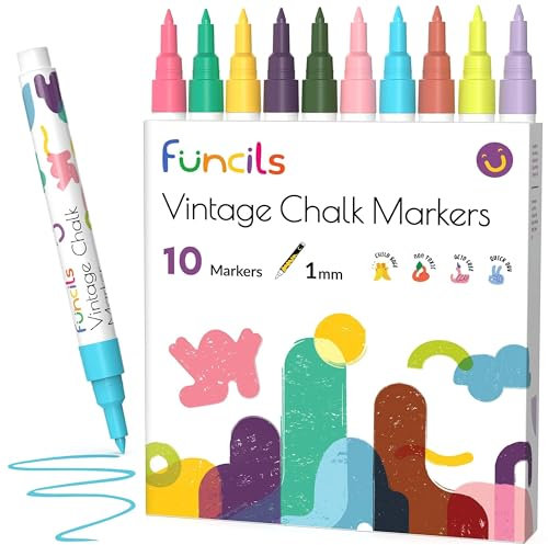 Funcils Vintage Kreidestifte für Tafel Abwaschbar - 10 Kreidemarker Pastell 1mm Extra Feine Spitze - Kreide Stift für Fenster, Tafel und als Glasstift. Chalk markers für Erwachsene & Kinder