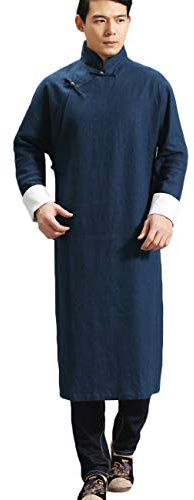 Men’s Chinese Traditional Kungfu Tai Chi Cheongsam Suit Mandarin Cotton Linen Martial Arts Uniforms Long Shirt (S, Navy Blue)