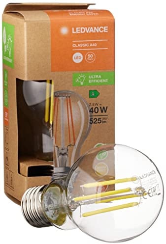 LEDVANCE LED Stromsparlampe, Filament Birne aus Glas mit E27 Sockel, Warmweiß (3000K), 2,5 Watt, ersetzt herkömmliche 40W-Leuchtmittel, besonders hohe Energieeffizienz und stromsparend, 6er-Pack