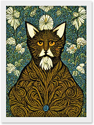Doppelganger33 LTD Floral Paisley Illustrated Golden Cat William Morris Artwork Framed Wall Art Print A4