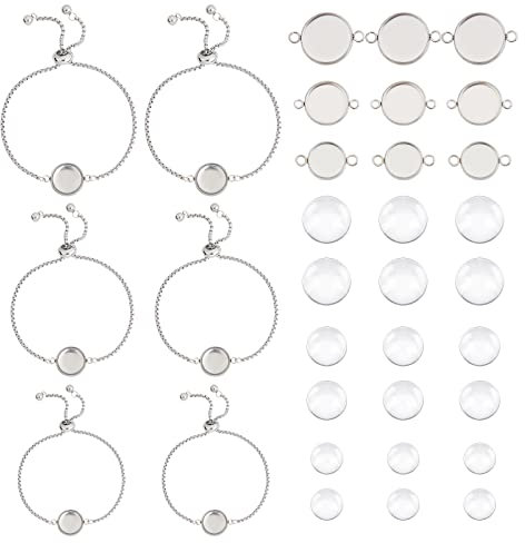 UNICRAFTALE 6 Sets 24cm Verstellbare Schieber Armbänder 304 Edelstahl Schieber Armbänder Cabochon Armband Lünette Schmuck Verbindungs Armband Mit Klarglas Cabochons Für DIY Armbänder